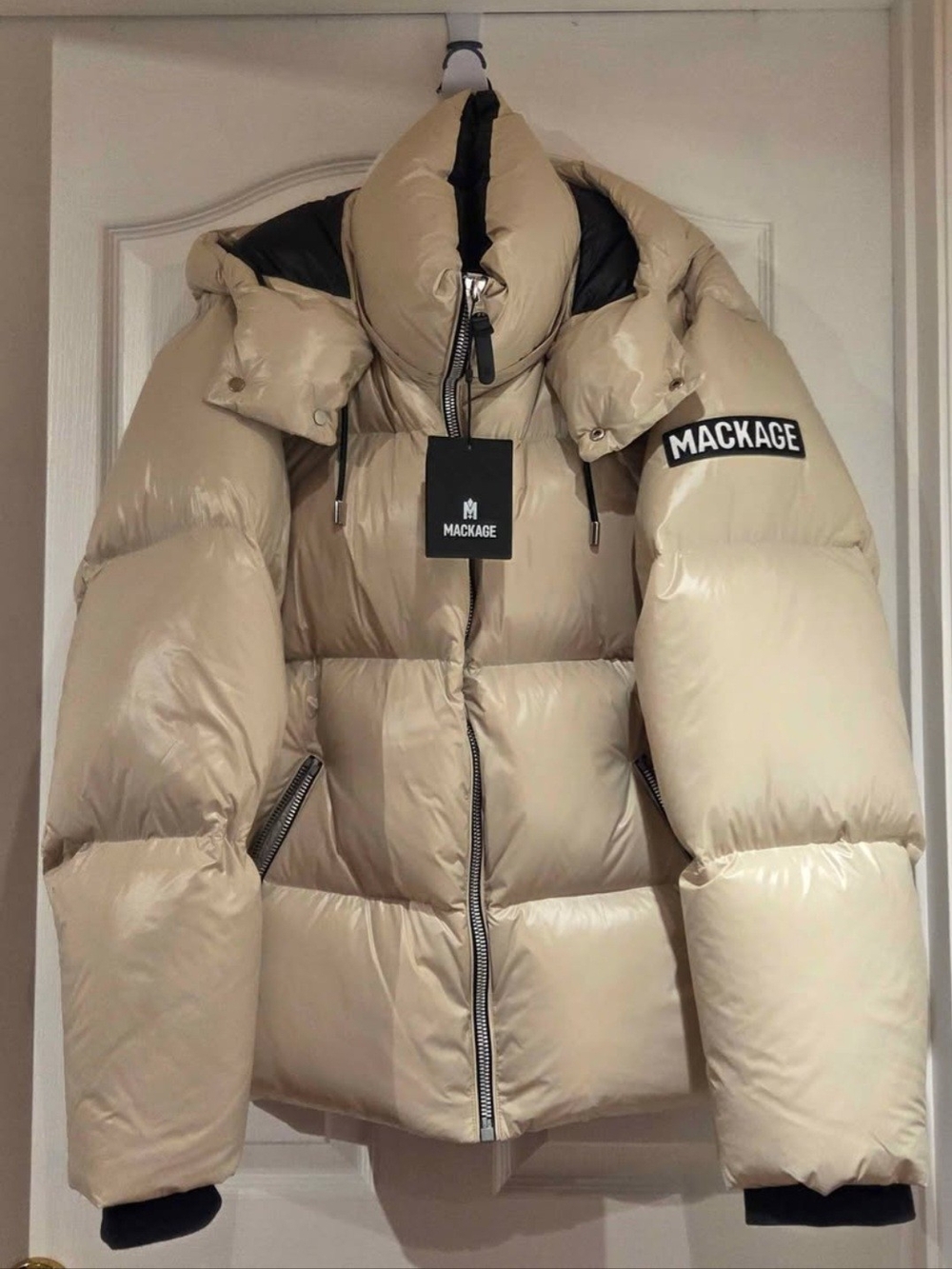 Mackage Men’s Cream Glossy Puffer Jacket with Hood